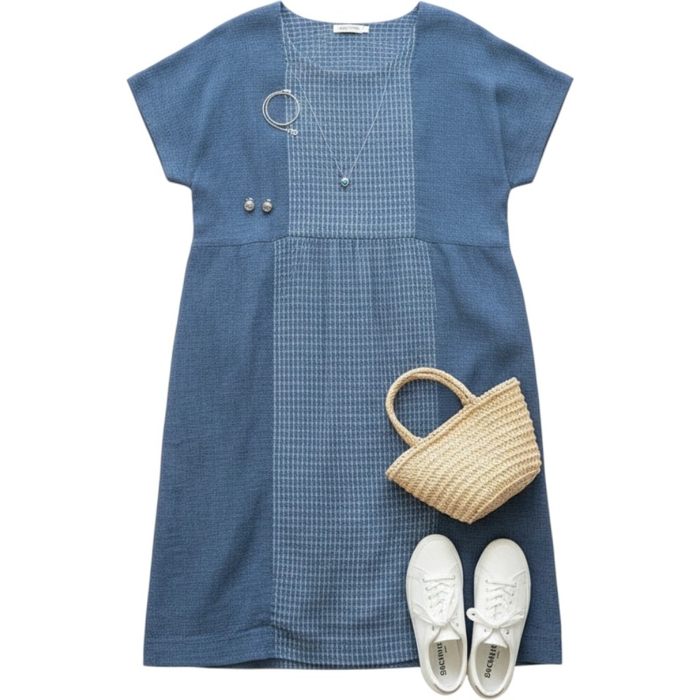 Poetry Blue Hemp Organic Cotton Grid Panel Shift Dress Pockets US 8 UK 12
